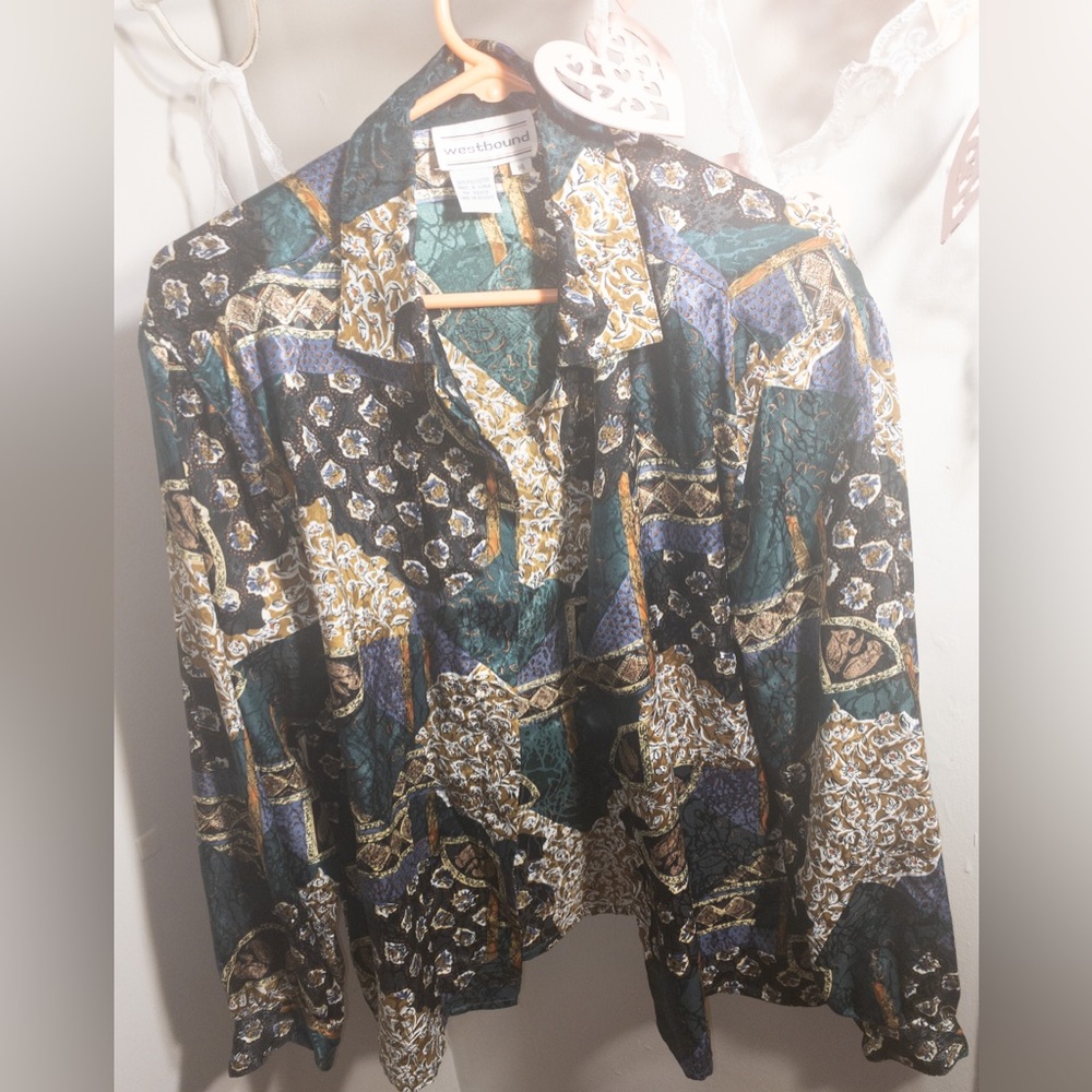 Vintage westbound multicolor polyester print button up blouse